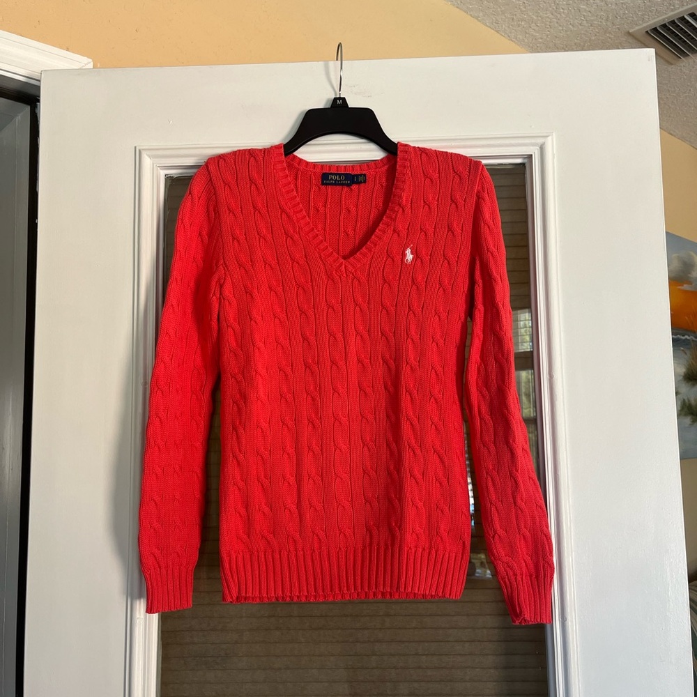 Polo by Ralph Lauren Women's Red Cable-Knit V-Neck Sweater